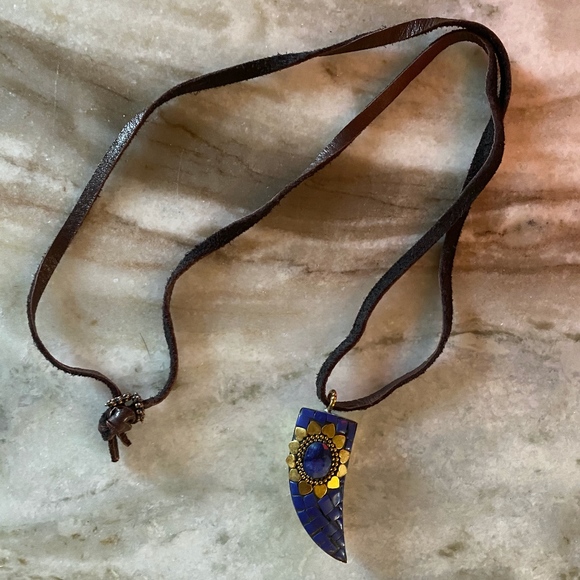 Blue Sapphire & Lapis Horn Leather Necklace, NWOT - Picture 1 of 4
